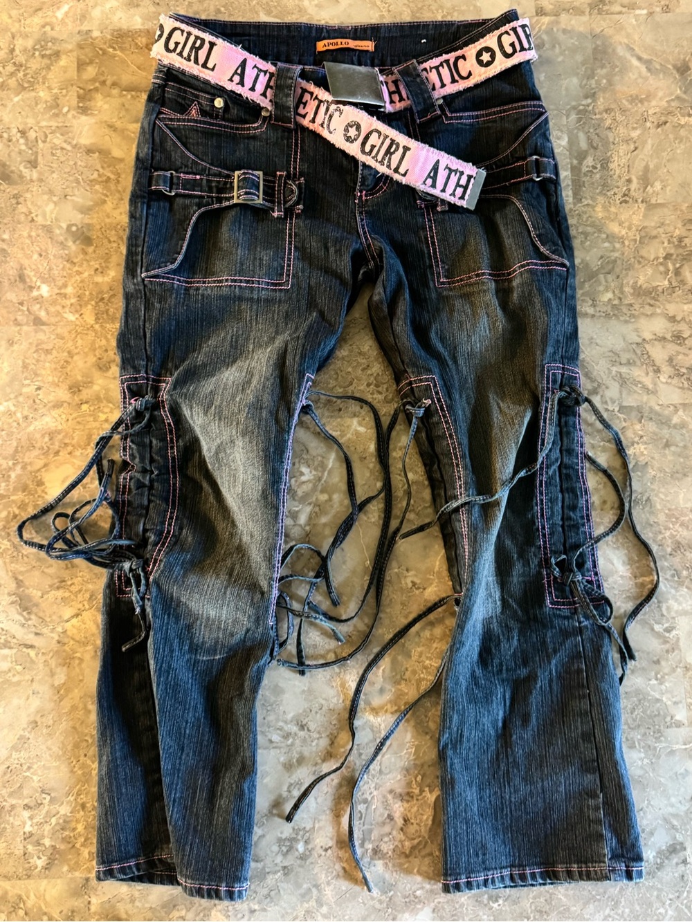 Apollo Jeans Dark Wash Boot Cut Cargo Jeans with Pink Belt